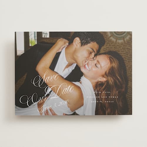 This is a pearl save the date with standard by Leah Bisch called scripted date printing on recycled smooth signature in standard