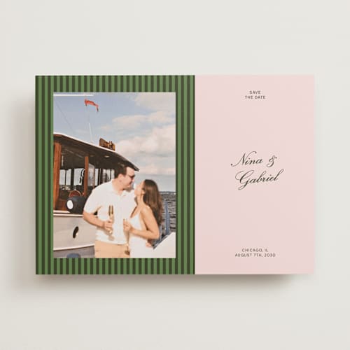 This is a rose save the date with standard by Lottie Aldarwish called the club holiday printing on recycled smooth signature in standard
