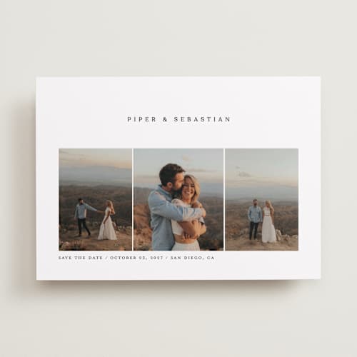 This is a linen save the date with standard by Robert and Stella called trifold printing on recycled smooth signature in standard