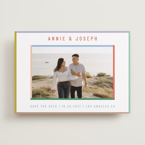 This is a candy save the date with standard by Kelly Watkins called color frame printing on recycled smooth signature in standard