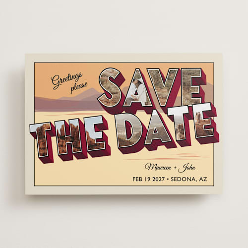 This is a sunset save the date with standard by Ashley Bird called a retro save the date printing on recycled smooth signature in standard