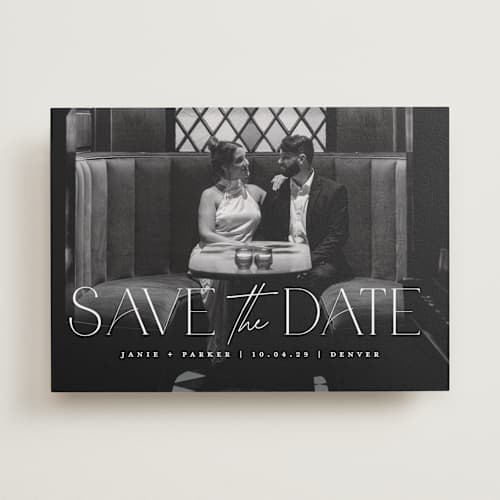 This is a pearl save the date with standard by Jessica Corliss called simple elegance printing on recycled smooth signature in standard