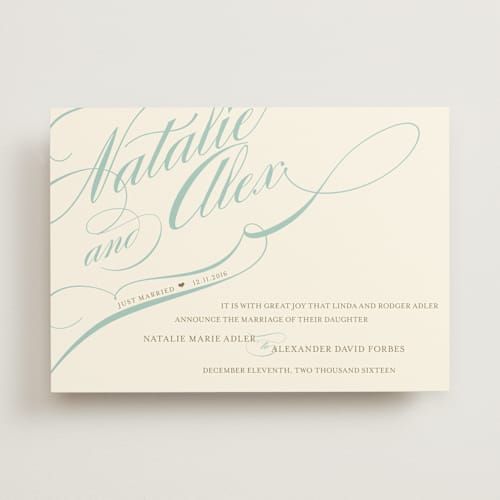 This is a sky blue wedding announcements with standard by Annie Clark called winter flourish printing on signature in standard