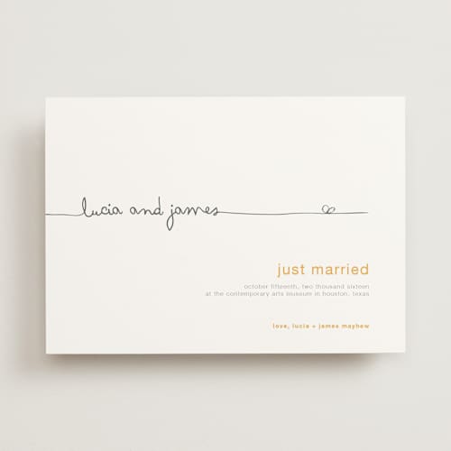 This is a yellow wedding announcements with standard by R studio called the happy couple printing on signature in standard