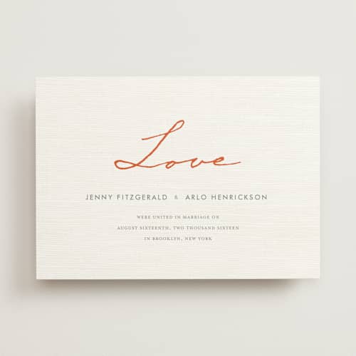 This is a orange zest wedding announcements with standard by cambria called simply in love printing on signature in standard