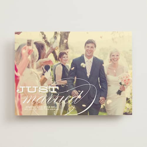 This is a gold wedding announcements with standard by Annie Clark called calligraphy printing on signature in standard