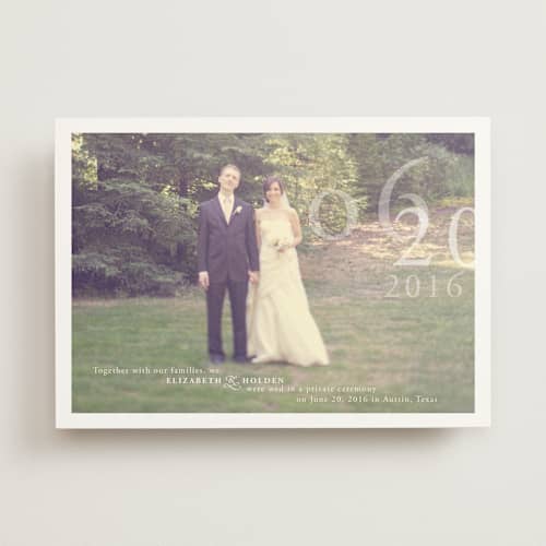This is a pure white wedding announcements with standard by Helena Seo Design called belle memoire printing on signature in standard