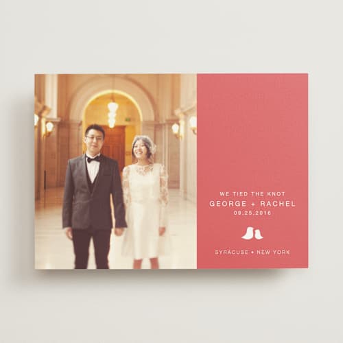 This is a pink coral wedding announcements with standard by Lori James called sweet and simple printing on signature in standard