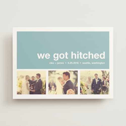 This is a powder blue wedding announcements with standard by Annie Clark called modern joy printing on signature in standard