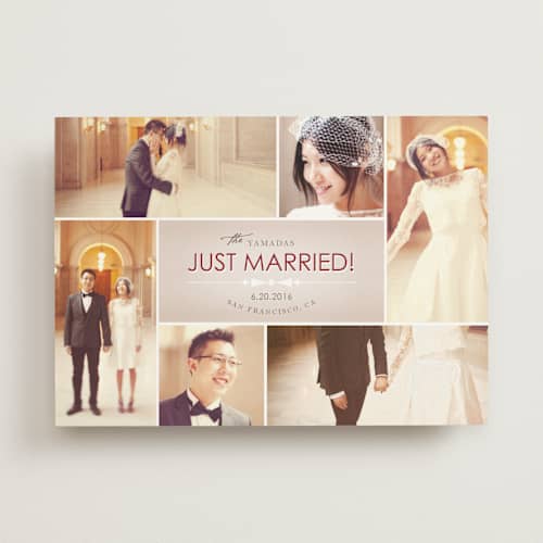 This is a burgundy wedding announcements with standard by Design Lotus called bowtie printing on signature in standard