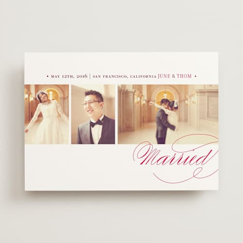 This is a soft ruby wedding announcements with standard by Oscar and Emma - Karly Depew called love & happiness printing on signature in standard