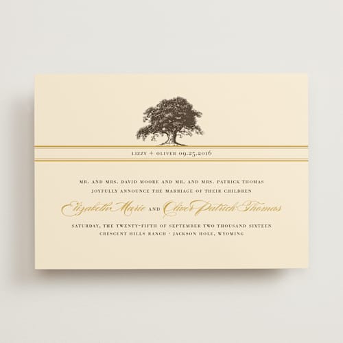 This is a butterscotch wedding announcements with standard by Annie Clark called oak tree printing on signature in standard