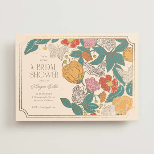 This is a ivory bridal shower invitations with foil pressed by Simona Camp called gilded butterfly garden printing on signature in standard