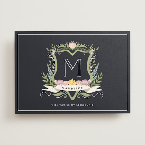 This is a midnight will you be my bridesmaid cards with standard by Susan Moyal called monogramed bridesmaid printing on signature in standard