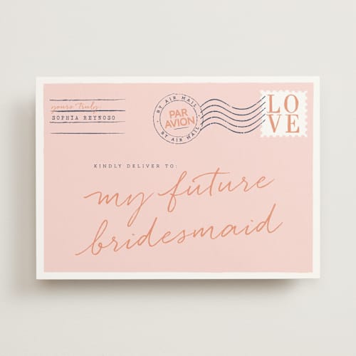 This is a peony will you be my bridesmaid cards with standard by Jennifer Lew called par avion printing on signature in standard