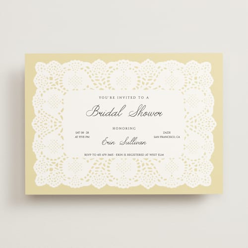 This is a butter bridal shower invitations with standard by Studio Suku called lace printing on signature in standard