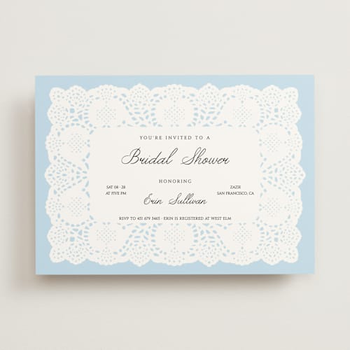 This is a baby blue bridal shower invitations with standard by Studio Suku called lace printing on signature in standard