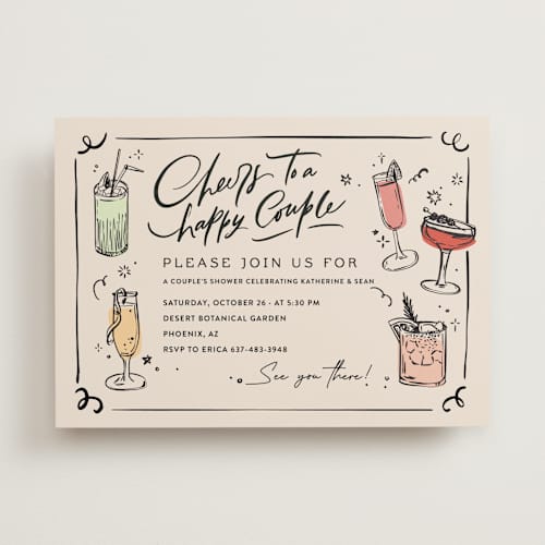 This is a creme bridal shower invitations with standard by Anastasia Makarova called cheers to a happy couple printing on signature in standard