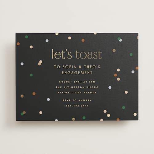 This is a midnight engagement party invitations with foil pressed by Ellen Schlegelmilch called let's toast printing on signature in standard