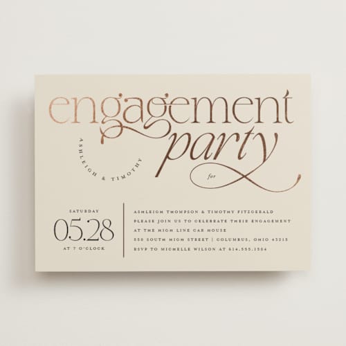 This is a almond engagement party invitations with foil pressed by Heather Schertzer called boho swashes printing on signature in standard