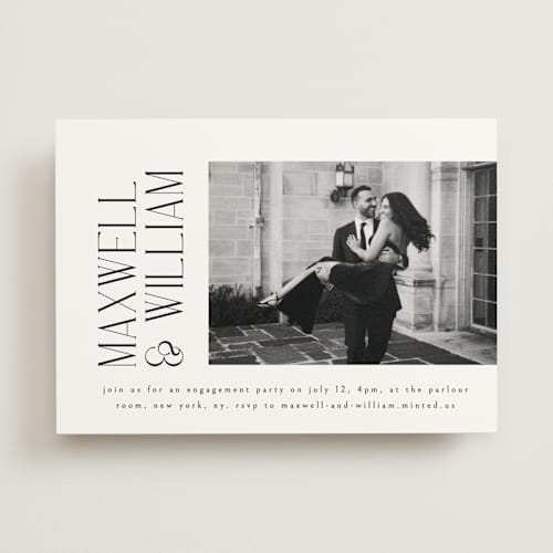 This is a ink engagement party invitations with standard by Ana de Sousa called modern editorial printing on signature in standard