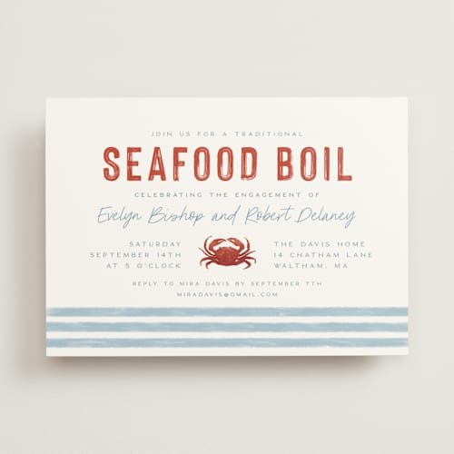 This is a wave engagement party invitations with standard by Olivia Raufman called two if by sea printing on signature in standard