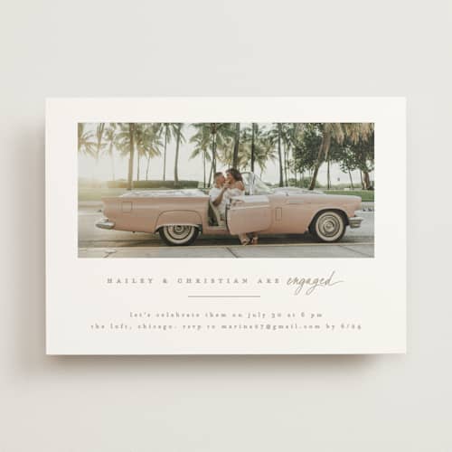 This is a moonstone engagement party invitations with standard by Creo Study called cinemascopic printing on signature in standard
