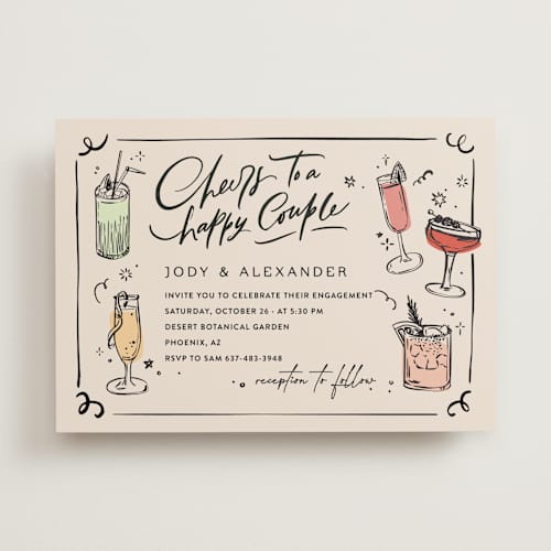 This is a creme engagement party invitations with standard by Anastasia Makarova called cheers to a happy couple printing on signature in standard