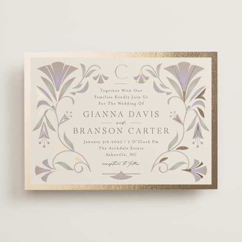 This is a vanilla foil stamped wedding invitations with foil pressed by Lori Wemple called deco nouveau printing on signature in standard