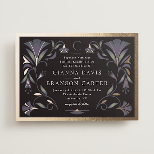 This is a midnight foil stamped wedding invitations with foil pressed by Lori Wemple called deco nouveau printing on signature in standard