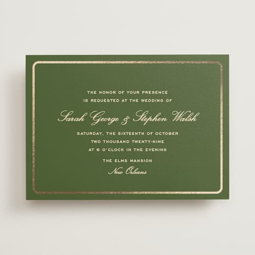This is a olive foil stamped wedding invitations with foil pressed by Megan Davis called aperitif printing on signature in standard