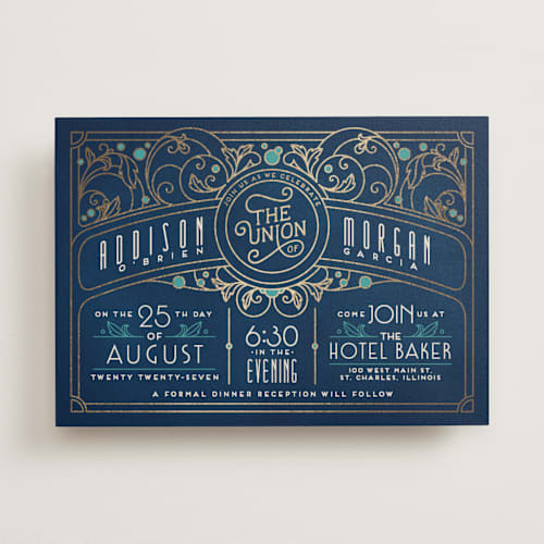 This is a goldenrod foil stamped wedding invitations with foil pressed by GeekInk Design called ornate deco printing on signature in standard