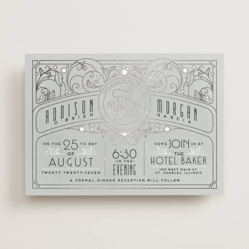 This is a slate foil stamped wedding invitations with foil pressed by GeekInk Design called ornate deco printing on signature in standard