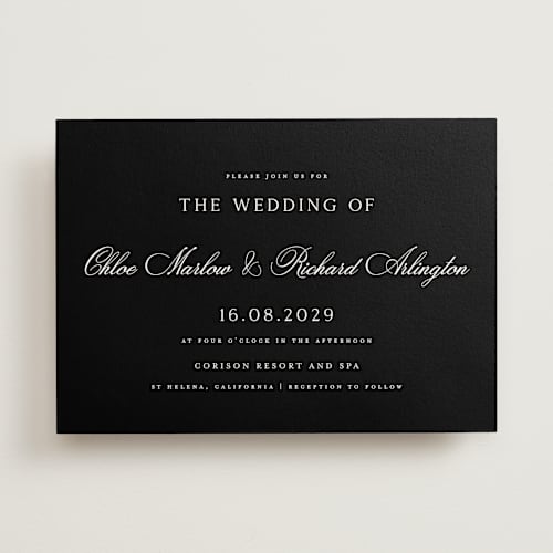 This is a midnight wedding invitations with standard by Kelly Schmidt called landscape script printing on signature in standard