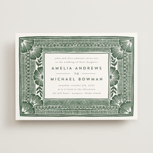This is a fern wedding invitations with standard by Katharine Watson called block print frame printing on signature in standard