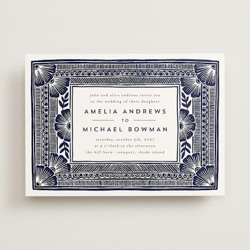 This is a navy wedding invitations with standard by Katharine Watson called block print frame printing on signature in standard