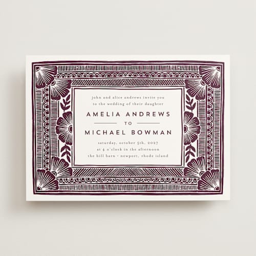 This is a wine wedding invitations with standard by Katharine Watson called block print frame printing on signature in standard