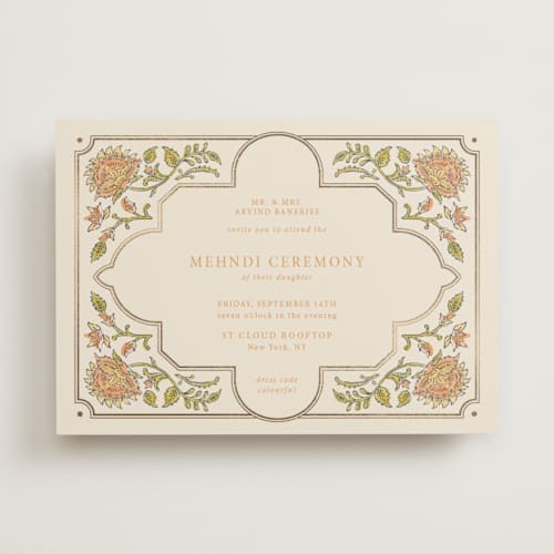 This is a ochre foil stamped wedding invitations with foil pressed by Hannah Bowman called marigold printing on signature in standard