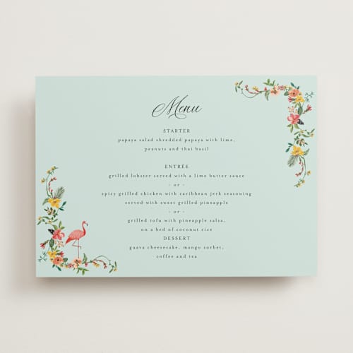 This is a papaya menu cards with standard by Susan Moyal called tropical crest printing on signature in 5x7