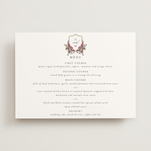 This is a peony menu cards with standard by Susan Moyal called romantic florals printing on signature in 5x7
