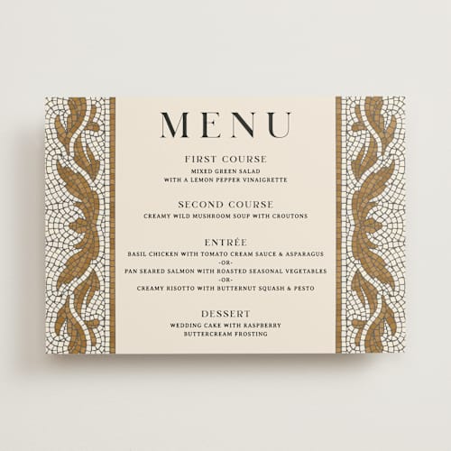 This is a sand menu cards with standard by GeekInk Design called floral mosaic printing on signature in standard