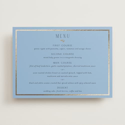 This is a coastal menu cards with foil pressed by Susan Moyal called garden whisper printing on signature in 5x7