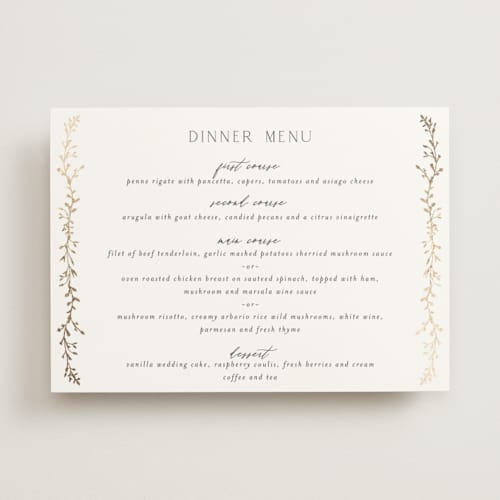 This is a alabaster menu cards with foil pressed by Susan Moyal called delicate vine printing on signature in 5x7