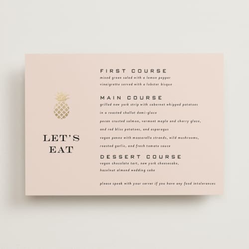This is a blush menu cards with foil pressed by Laura Hamm called tropical getaway printing on signature in 5x7