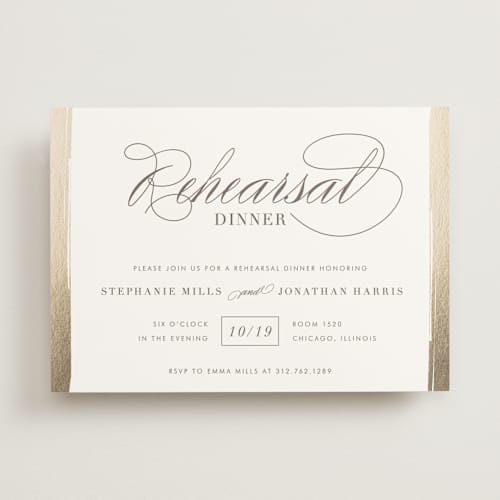 This is a gold rehearsal dinner invitations with standard by Lehan Veenker called golden rehearsal printing on signature in standard
