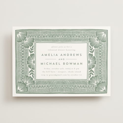 This is a sage rehearsal dinner invitations with standard by Katharine Watson called block print frame printing on signature in standard