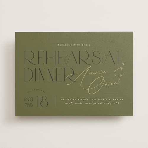 This is a sage rehearsal dinner invitations with standard by Stephanie Hawkes called annie printing on signature in standard