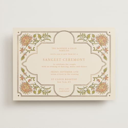 This is a ochre foil stamped wedding invitations with foil pressed by Hannah Bowman called marigold printing on signature in standard