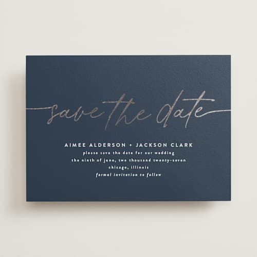 This is a navy foil stamped save the date cards with foil pressed by Susan Asbill called at last printing on signature in standard