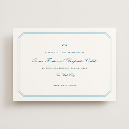 This is a marine blue save the date with standard by Megan Davis called brasserie printing on signature in standard